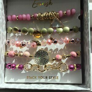 Erimish 5 Pc Hand Strung Beaded Bracelet Stack w/Pink, Gold & Crystal Beads